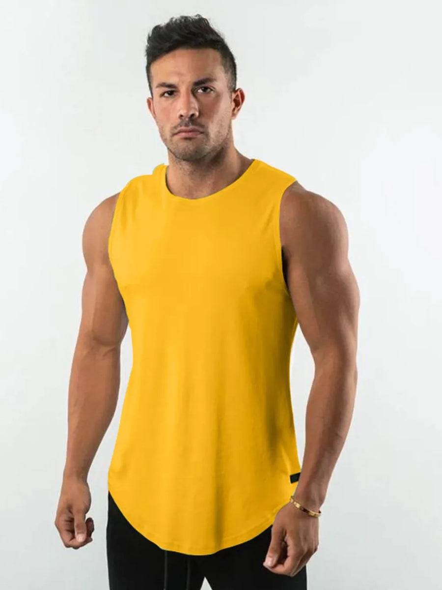 Gold curved hem muscle tank top with a rounded neckline.
