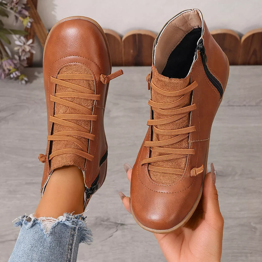 Lace-up Faux Leather Ankle Boots in Light Brown with lace-up