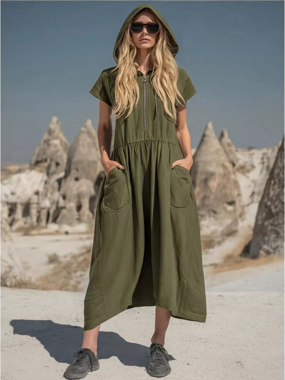 Army green hooded midi dress with short sleeves, zip neckline, and functional pockets.
