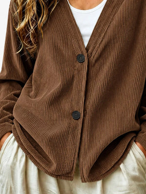 Brown Casual Corduroy Button-up Cardigan
