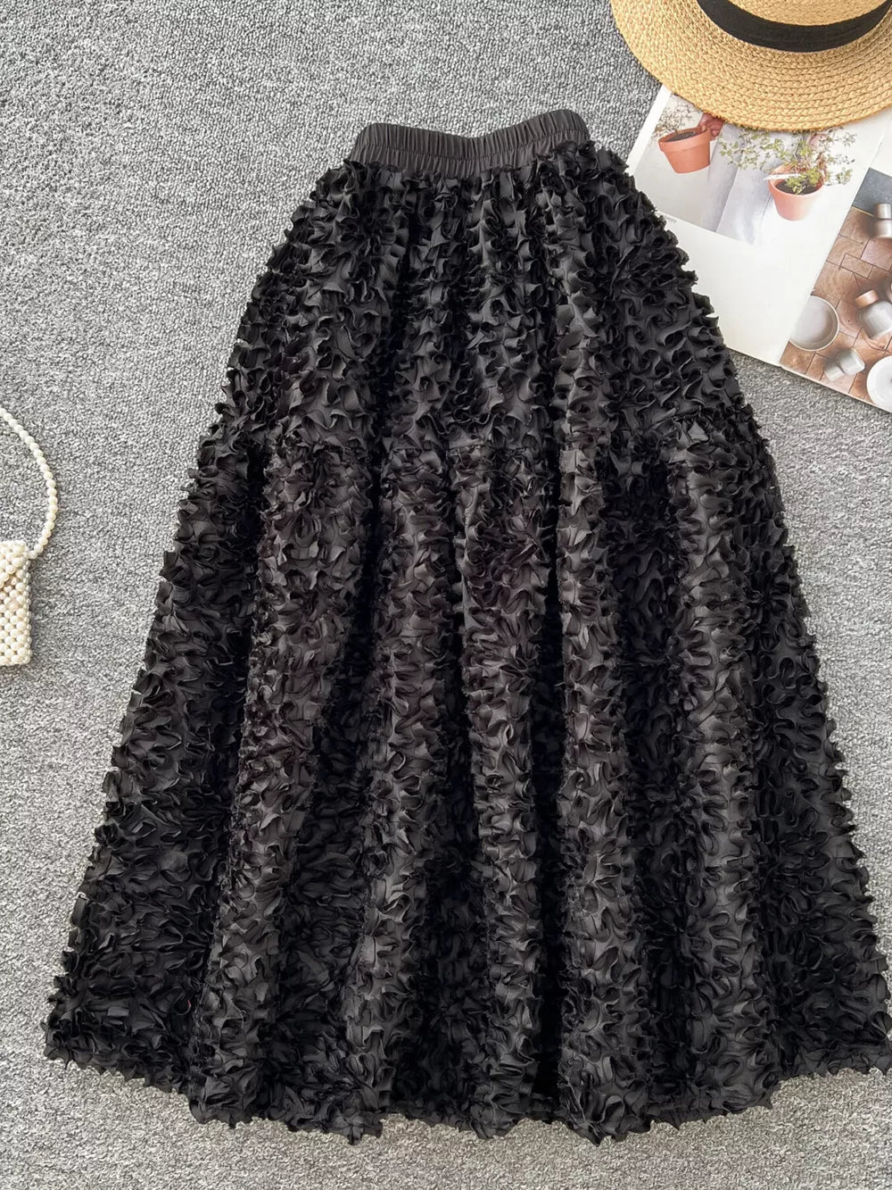 Black with Elegant 3d Lace Trim High-waist Midi Skirt