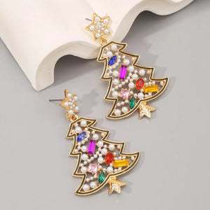 Festive rhinestone tree dangle earrings with colorful gems and pearls.