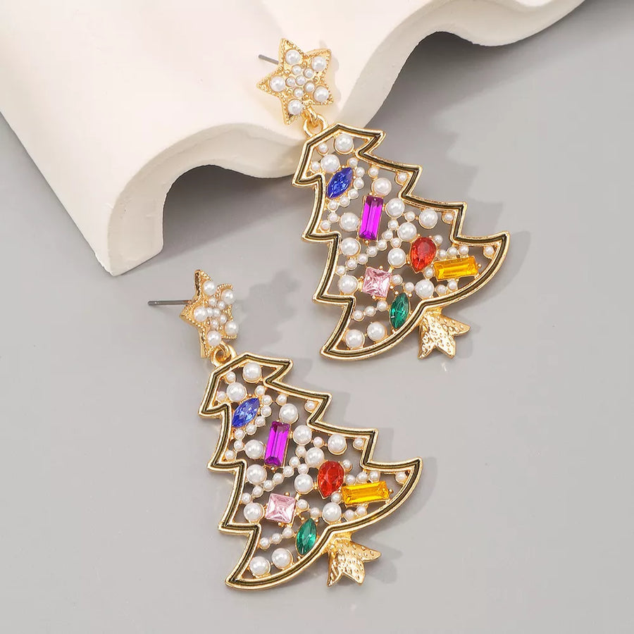 Festive rhinestone tree dangle earrings with colorful gems and pearls.