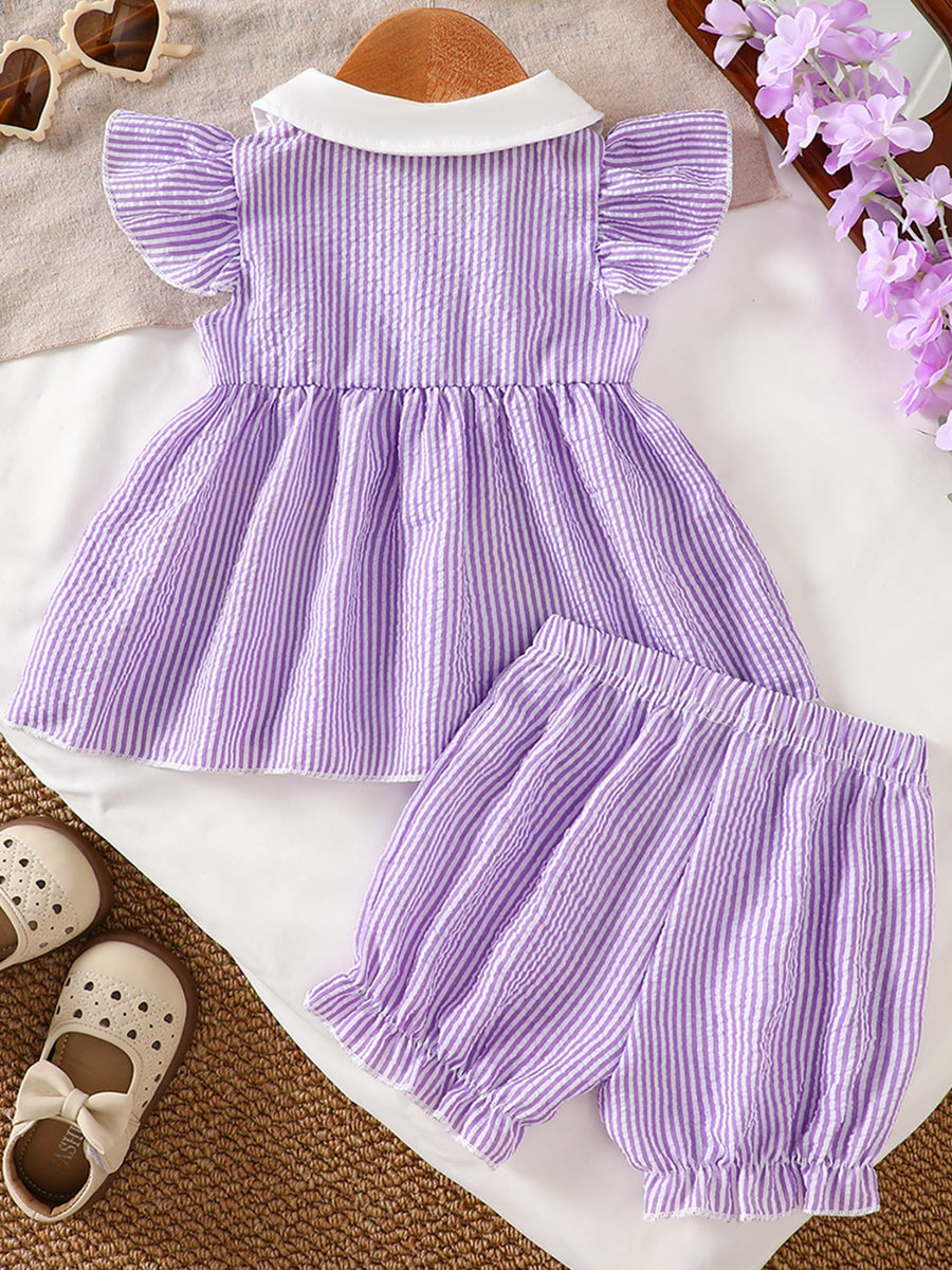 Children's purple and white striped seersucker top with ruffle sleeves and white collar, and matching shorts.