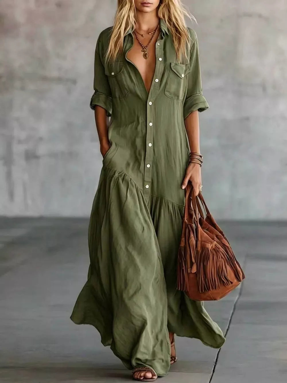Green Button Front Roll-up Sleeve Maxi Dress Plus Size