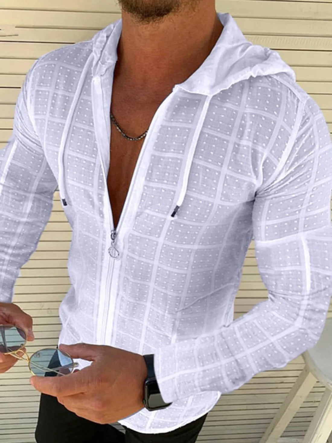 White textured grid-pattern zip-front hoodie with deep plunge neckline and drawstring hood.