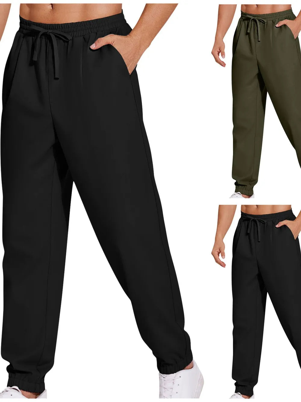Relaxed-fit cuffed trousers in black and army green with drawstring waist and pockets.