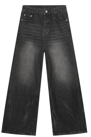 Dark wash denim palazzo trousers with a wide leg and comfortable cotton fabric.