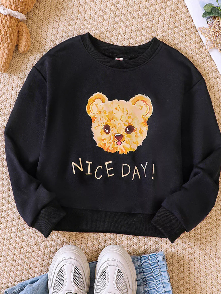 Black crew-neck sweatshirt with a graphic teddy bear face and "NICE DAY!" text.