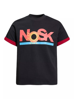 black t-shirt with graphic print and crew neck