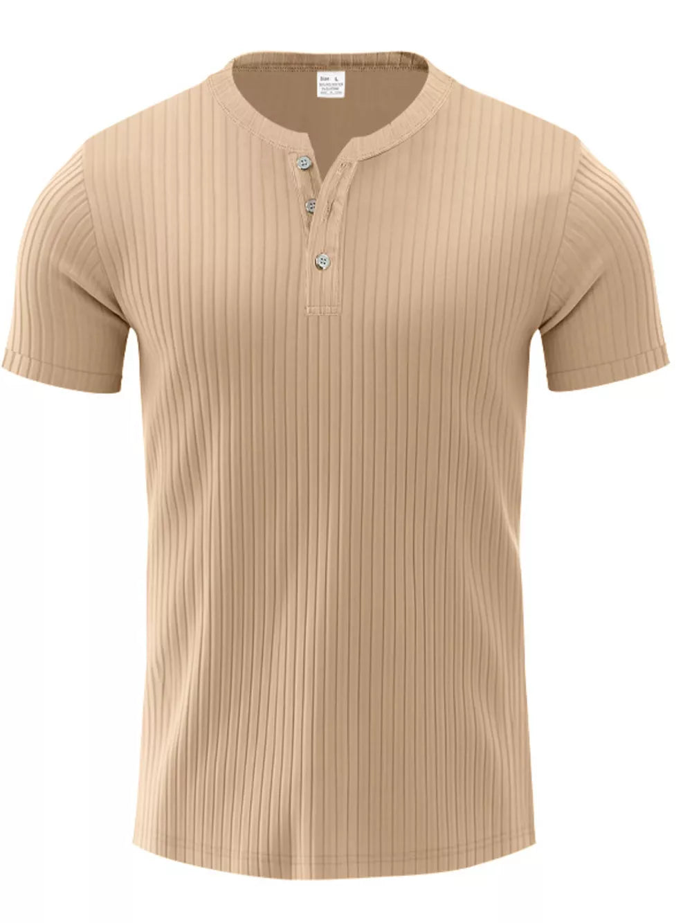 Men's ribbed khaki cotton henley tee with button placket