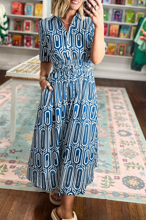 Blue and white geometric print midi shirt dress with drawstring waist and short sleeves
