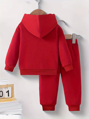 Red baby hoodie and pants set with ribbed cuffs and waistband.