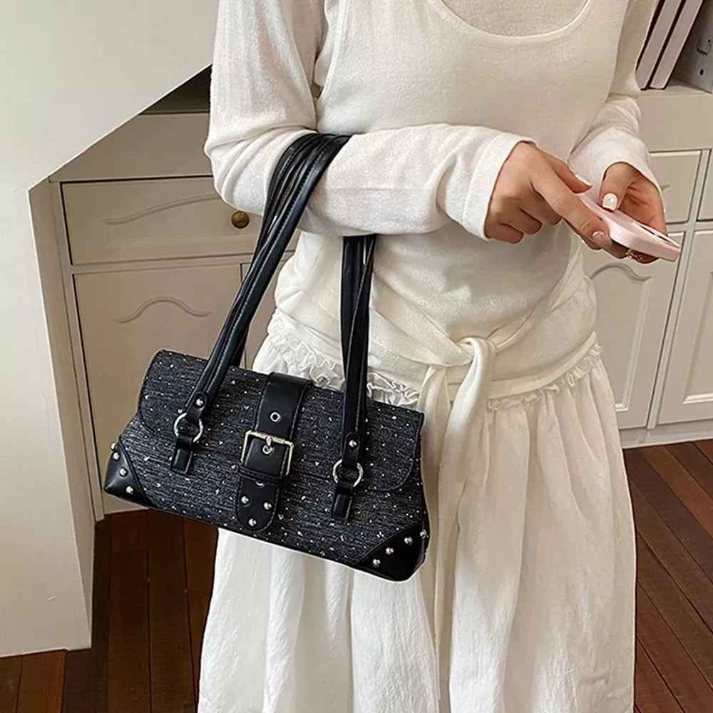 handbag in dark gray with studded and medium