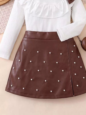 White with Children's Ruffled Long Sleeve Top And Skirt Set