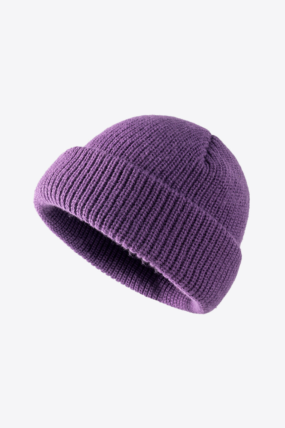 Purple ribbed knit beanie with folded edge