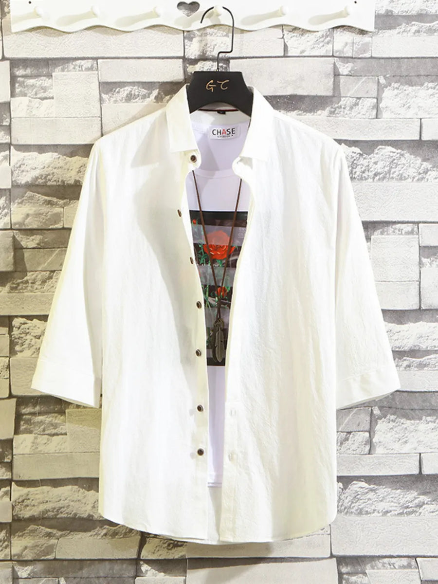 White Men's Plus Size Button Up 3/4 Sleeve Shirt