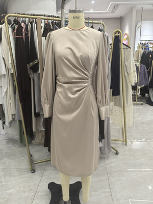 glam midi dress in light beige with round neck