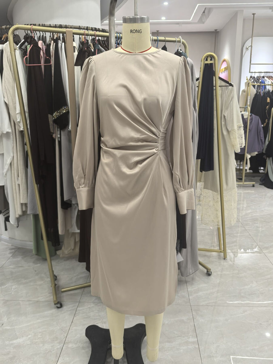 glam midi dress in light beige with round neck