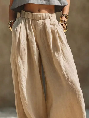 Full Size Elastic Waistband Wide Leg Pants in Beige, view 11