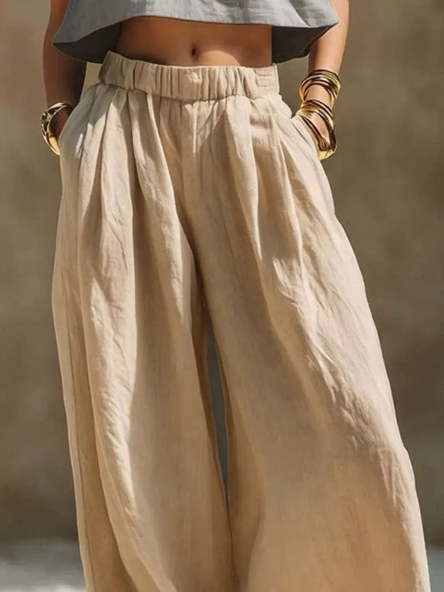 Full Size Elastic Waistband Wide Leg Pants in Beige, view 11