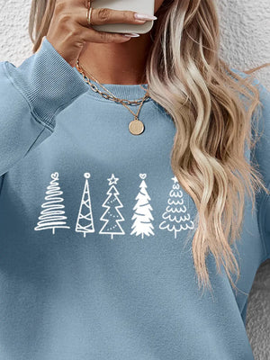 Festive Tree Line Oversized Sweatshirt in Air Force Blue with crewneck and long sleeves.
