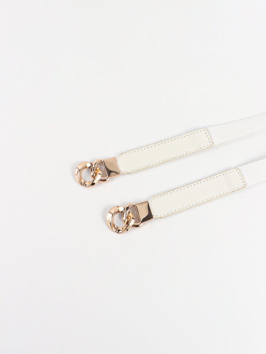 White faux leather belt with gold chain detail and gold buckle accent