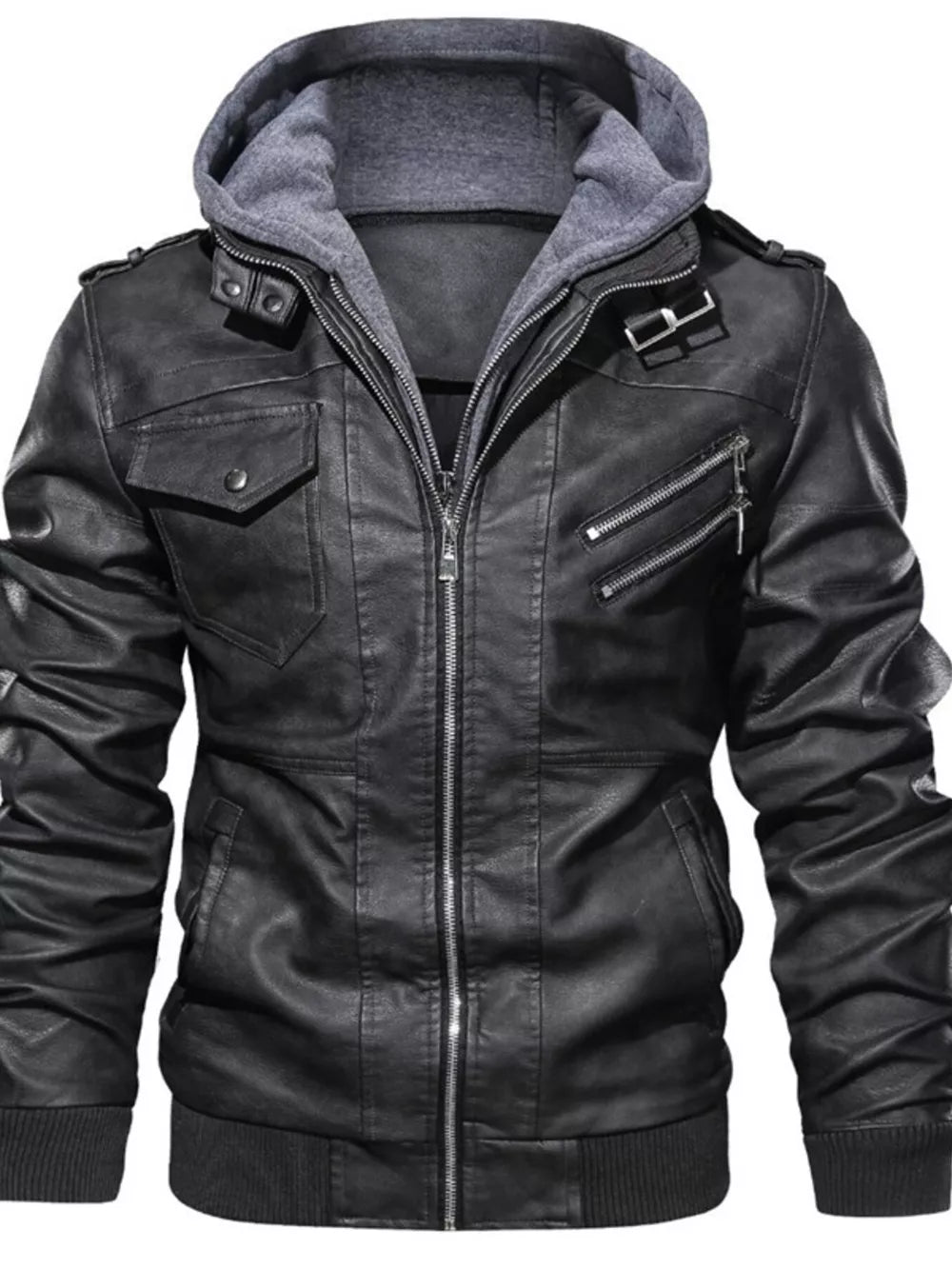 Men's black faux leather moto jacket with grey hoodie, zippered pockets and snap collar.