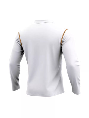 White long sleeve Henley t-shirt with gold stitching detail on shoulders.