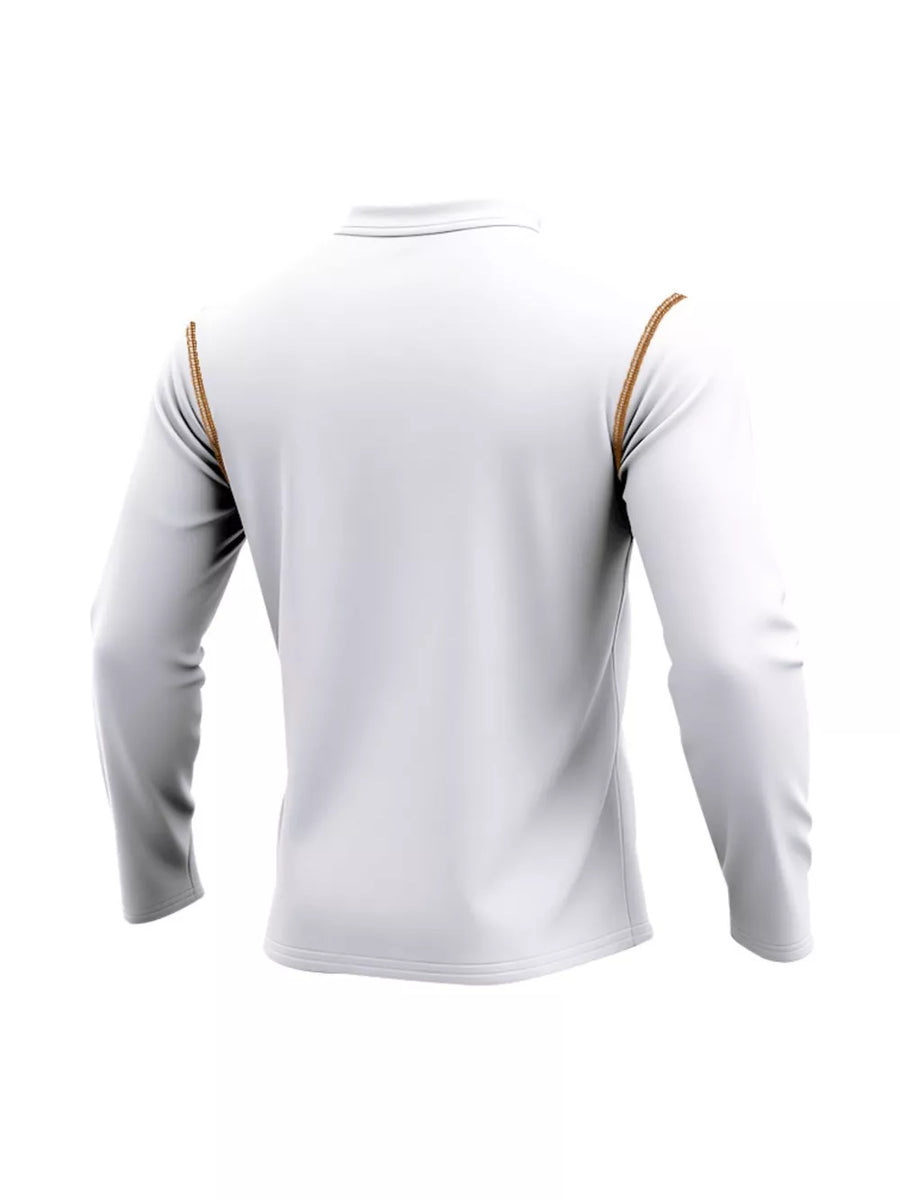 White long sleeve Henley t-shirt with gold stitching detail on shoulders.