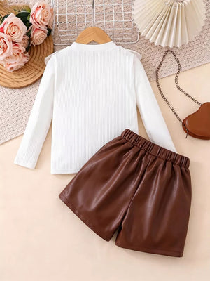 White with Children's Ruffled Long Sleeve Top And Skirt Set in White