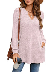 Ribbed Notched Long Sleeve T-shirt in Black with pocketed