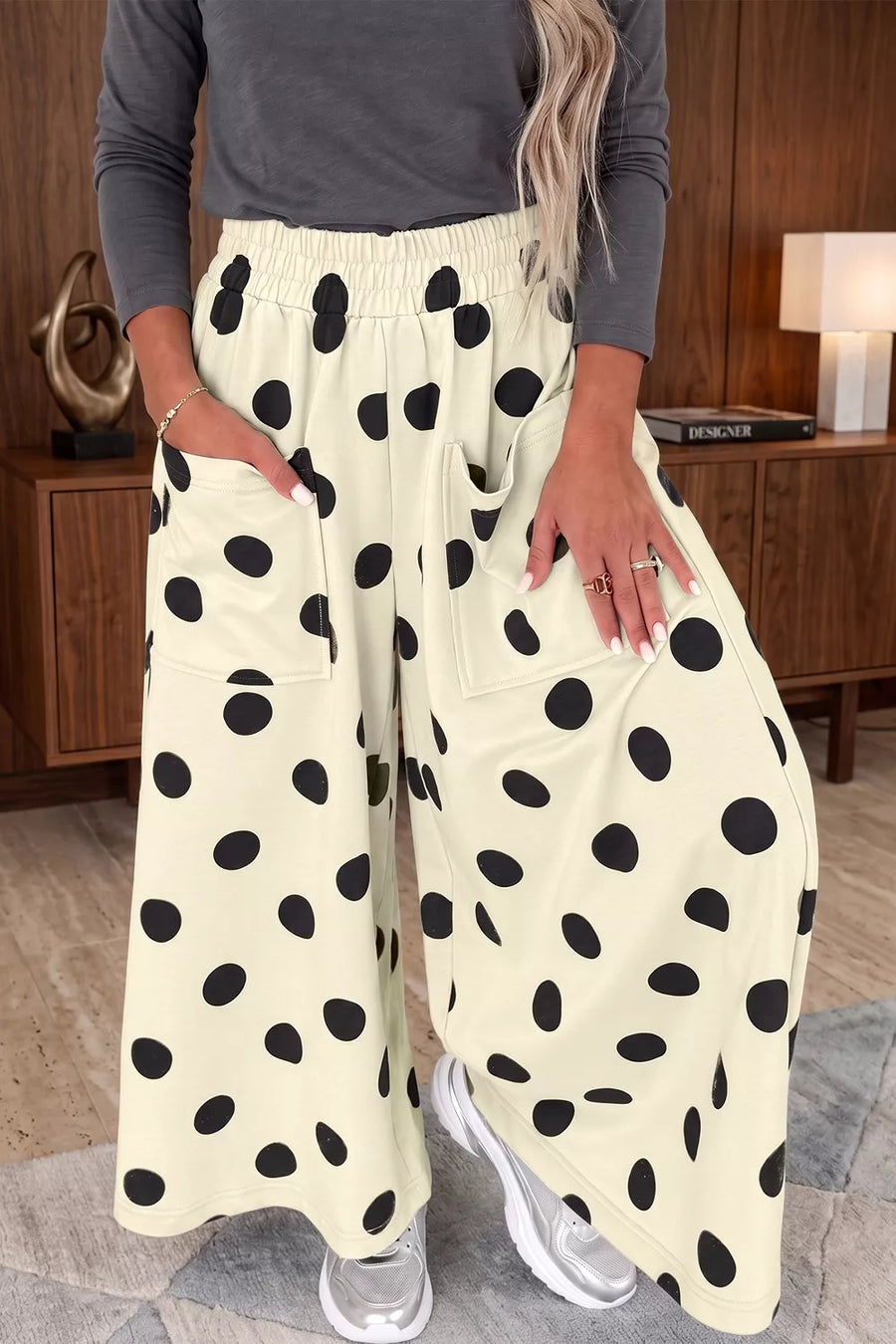 Polka Dot Wide Leg Elastic Waist Pants in Beige