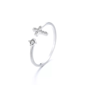 Adjustable Open Cross 925 Sterling Silver Zircon Ring in Silver