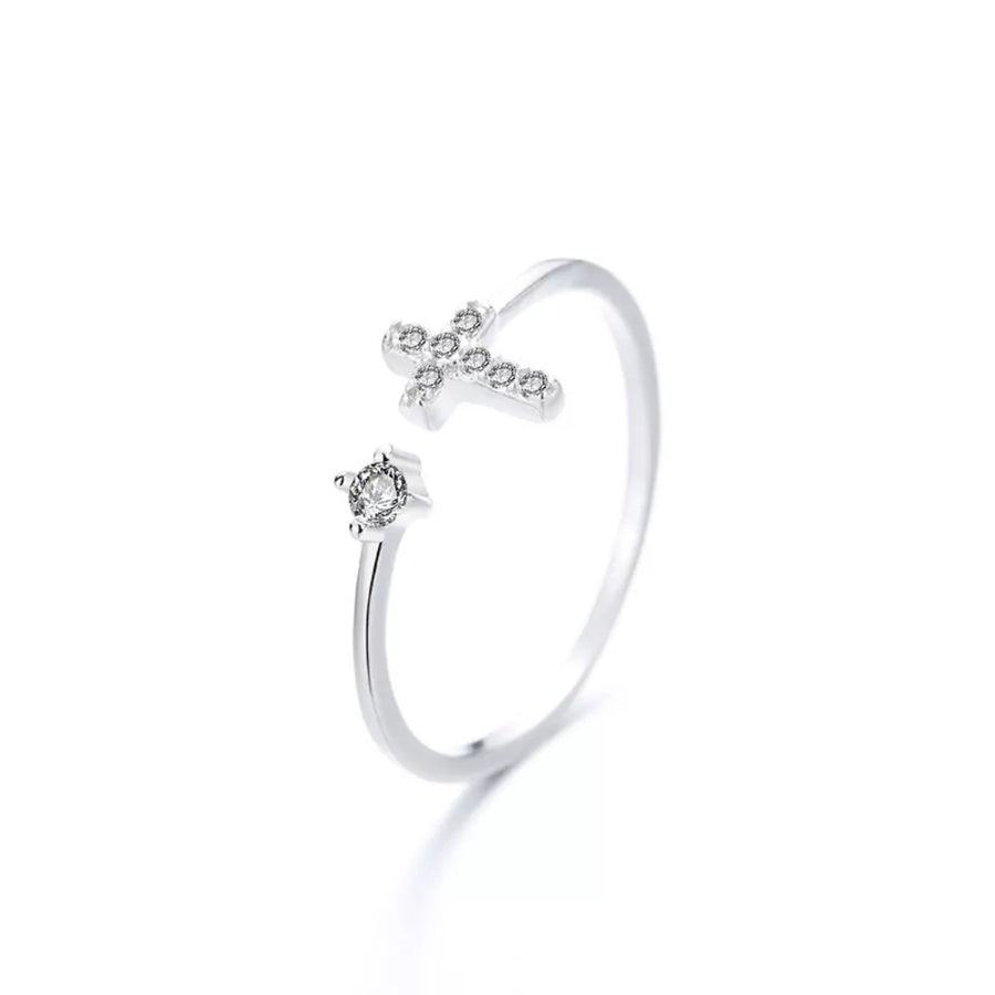 Adjustable Open Cross 925 Sterling Silver Zircon Ring in Silver