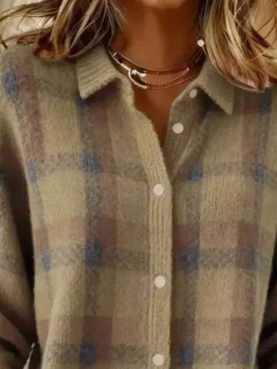 Purple cardigan with button-front and plaid