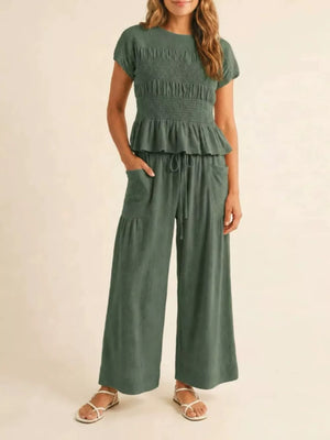 Green Smocked Peplum Top And Wide-leg Pants Set