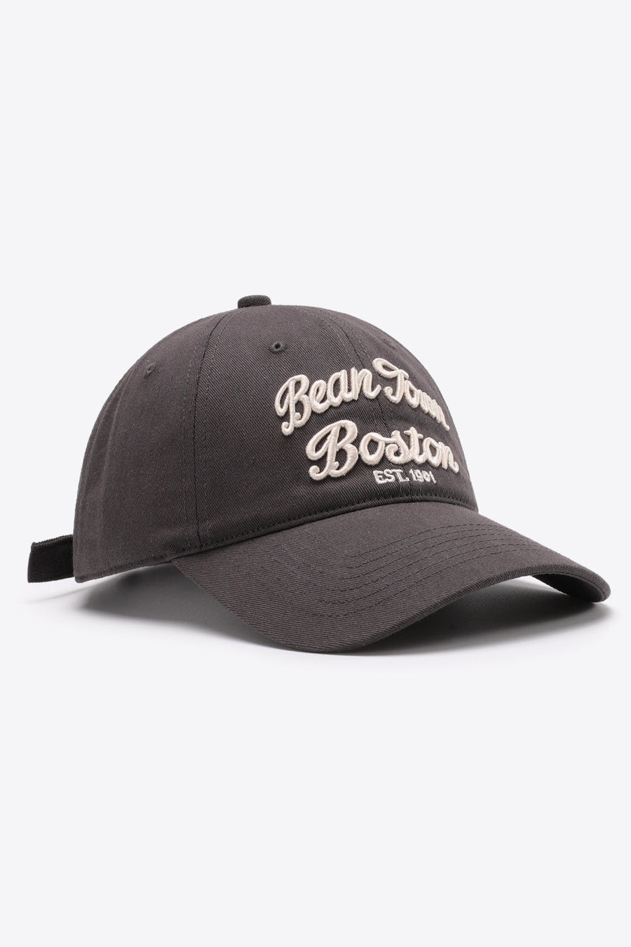 Dark Gray baseball cap with embroidered "Bean Town Boston EST. 1991" text.