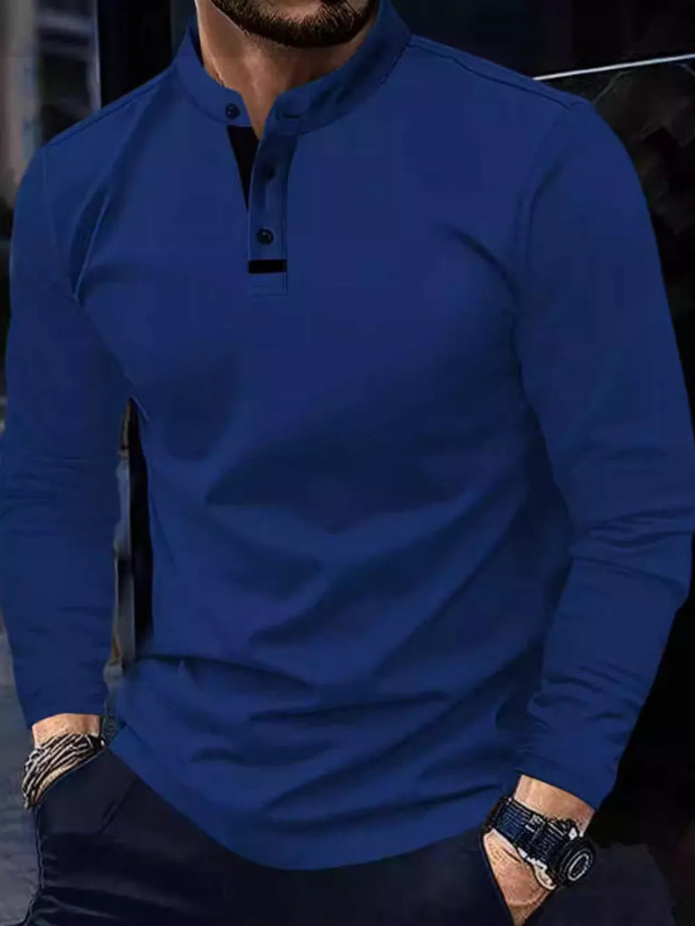 Blue cotton long sleeve t-shirt with band collar and button accents