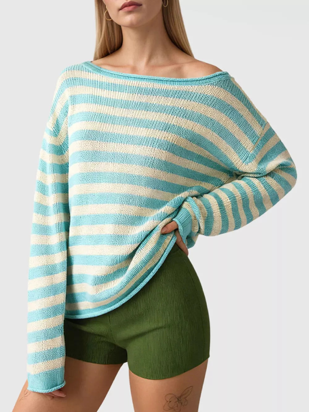 sky blue pullover sweater with striped and boat neck