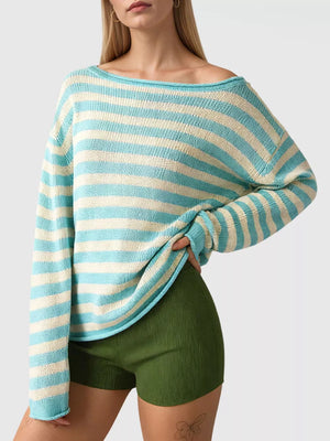 sky blue pullover sweater with striped and boat neck