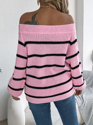 black pullover sweater featuring off-shoulder and striped