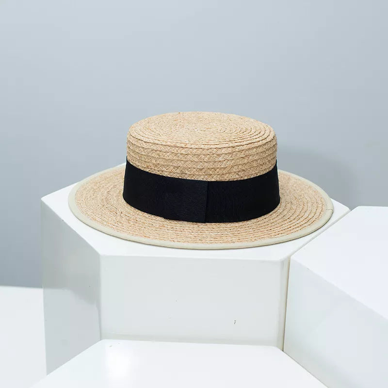 Classic straw boater hat with black band
