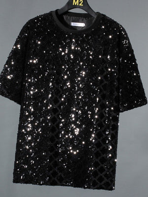 Men's black sequin round neck t-shirt with all-over sparkle and diamond pattern detail.