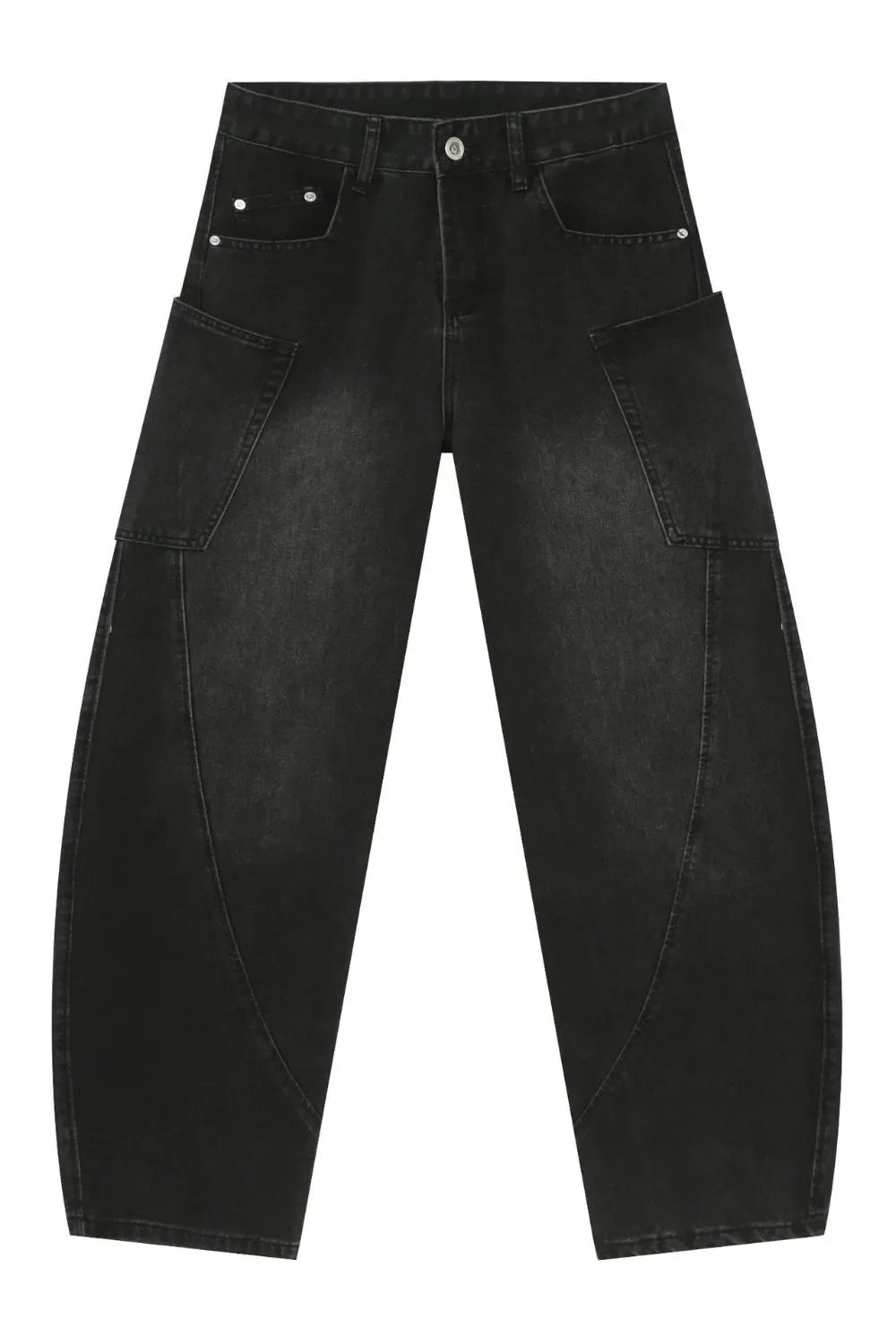 Black denim baggy trousers with unique paneling and cargo pockets.