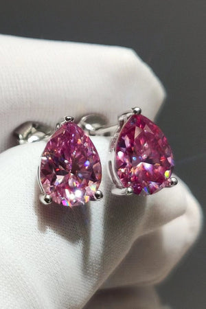 Pink teardrop halo stud earrings in 925 sterling silver with sparkling cubic zirconia.