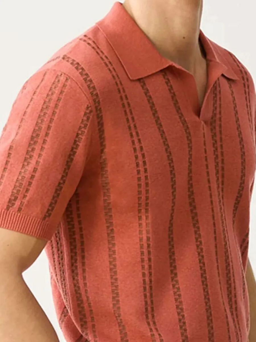 Orange-red striped knit polo shirt with short sleeves and spread collar.