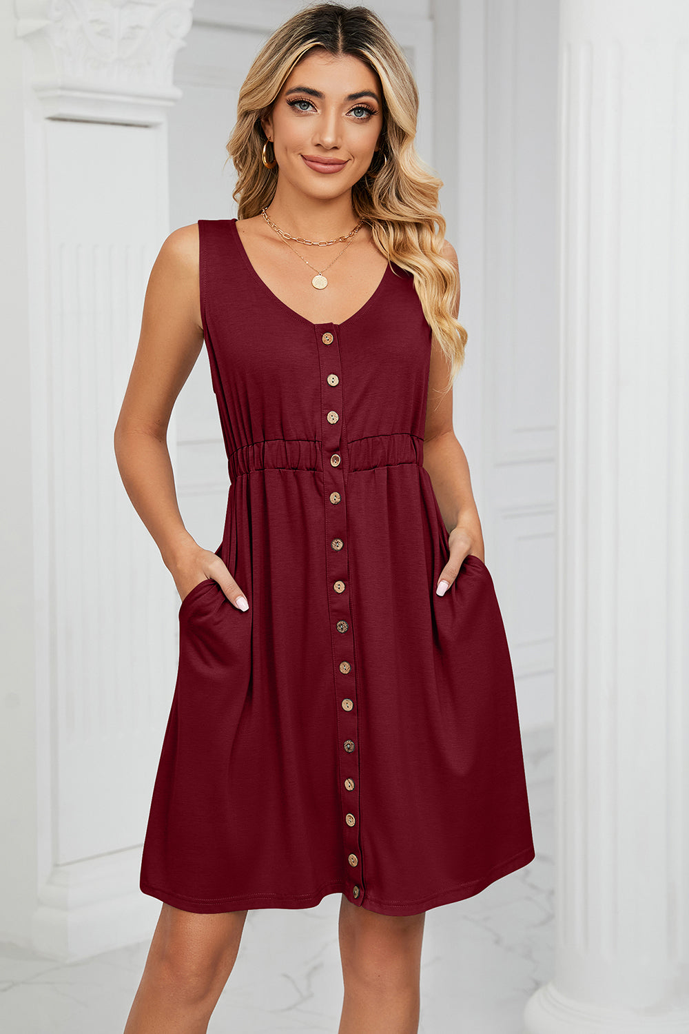 Burgundy button-down a-line summer dress with elastic waist and pockets