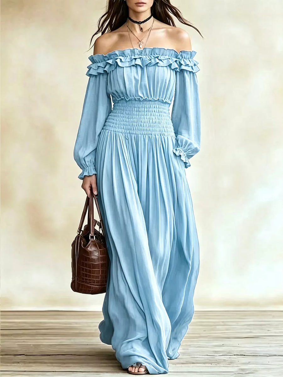 Off-shoulder Ruffled Maxi Dress With Smocked Waist in Air Force Blue with ruffled