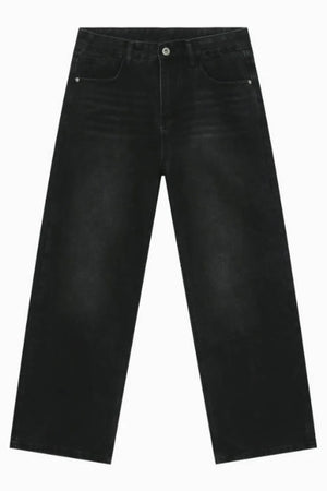 Black wide leg denim jeans with a relaxed fit and subtle whiskering.